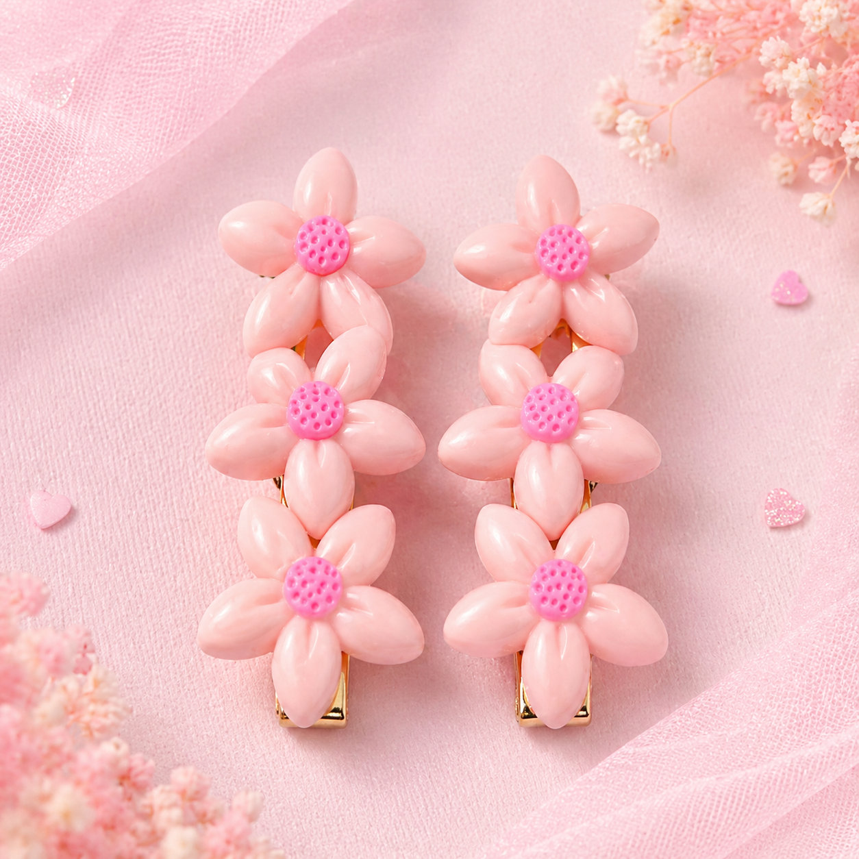 Candy Pink Flower Hair Clips (Set of 2)
